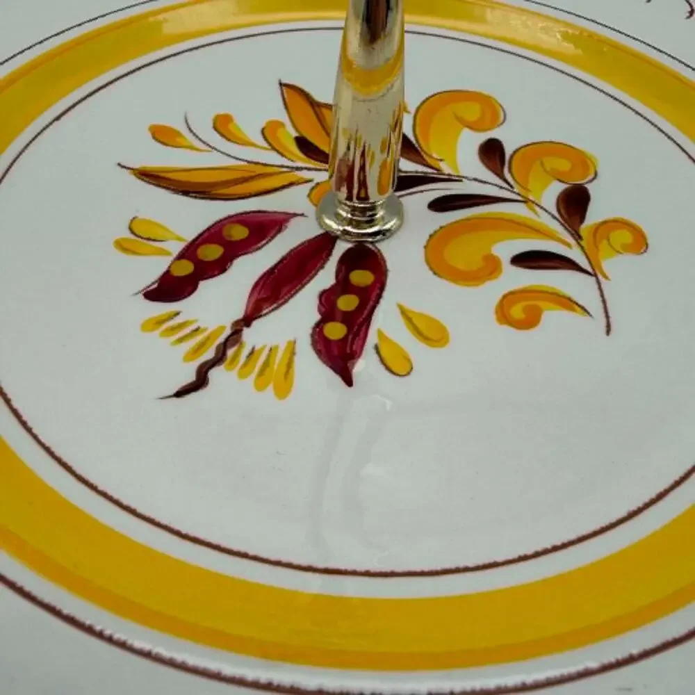 Vintage Stangl Pottery Server Tray Plate Yellow Provincial Pattern Gold Handle